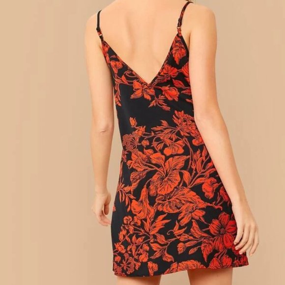Orange V neck Floral Dress in XS, S, M, L - Picture 2 of 4
